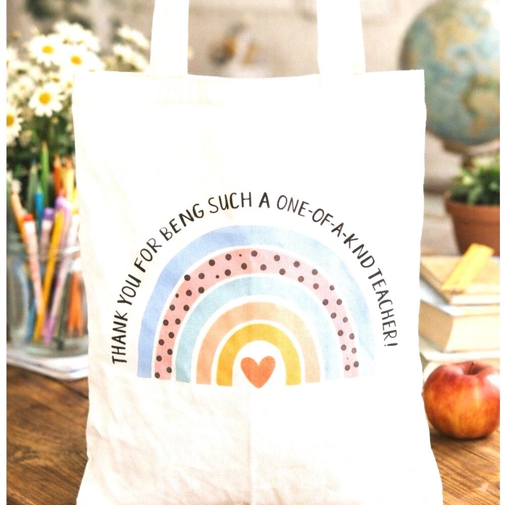 Teacher Rainbow Tote Bag Boho Pastel Canvas Gift Appreciation Cute